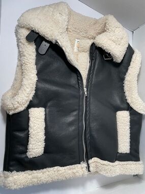 Black Faux Leather Sherpa Vest with Cream Shearling Trim